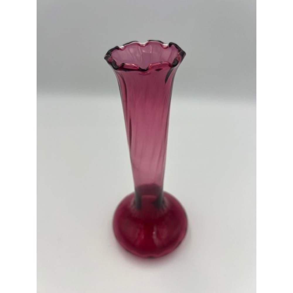Vintage Pilgrim Cranberry Swirl Bedford Ruffle Bud Vase Hand Blown Magenta 7 In